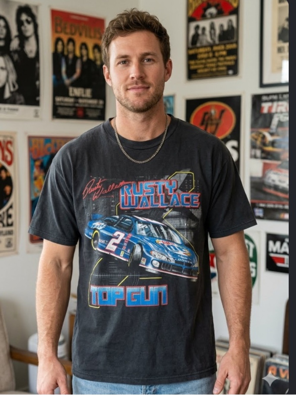 Vintage Rusty Wallace TOP GUN NASCAR Racing Shirt Short Sleeve Black Size L